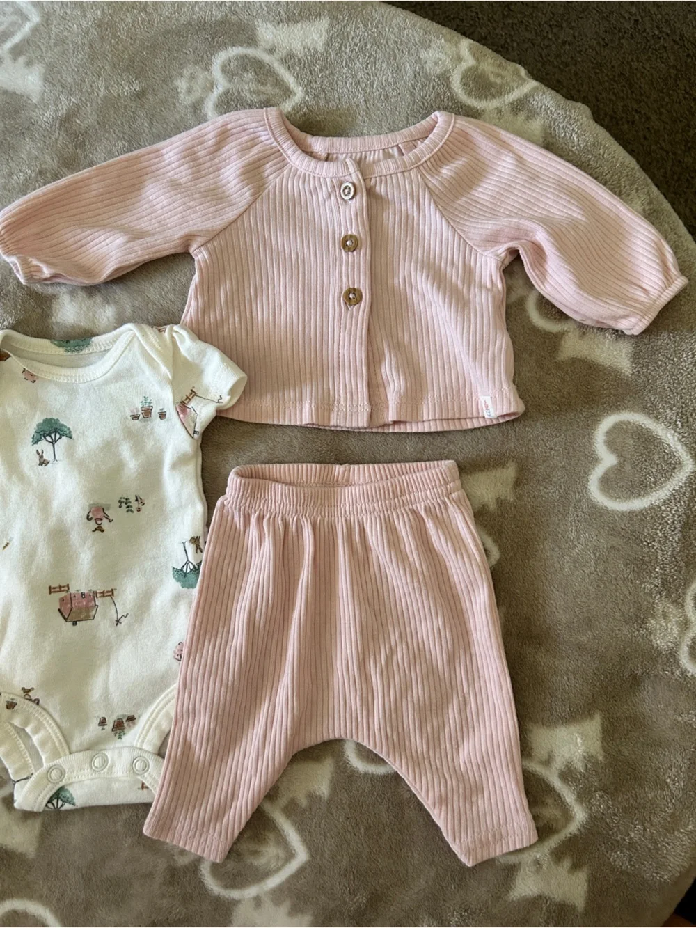 Pink Ribbed Baby Top & Cream Animal Print Bodysuits Set